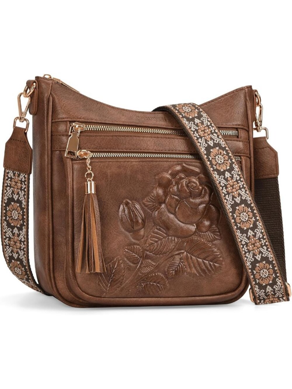 Stylish Vegan Leather Crossbody Bag for Women - Embossed Floral Design Purse